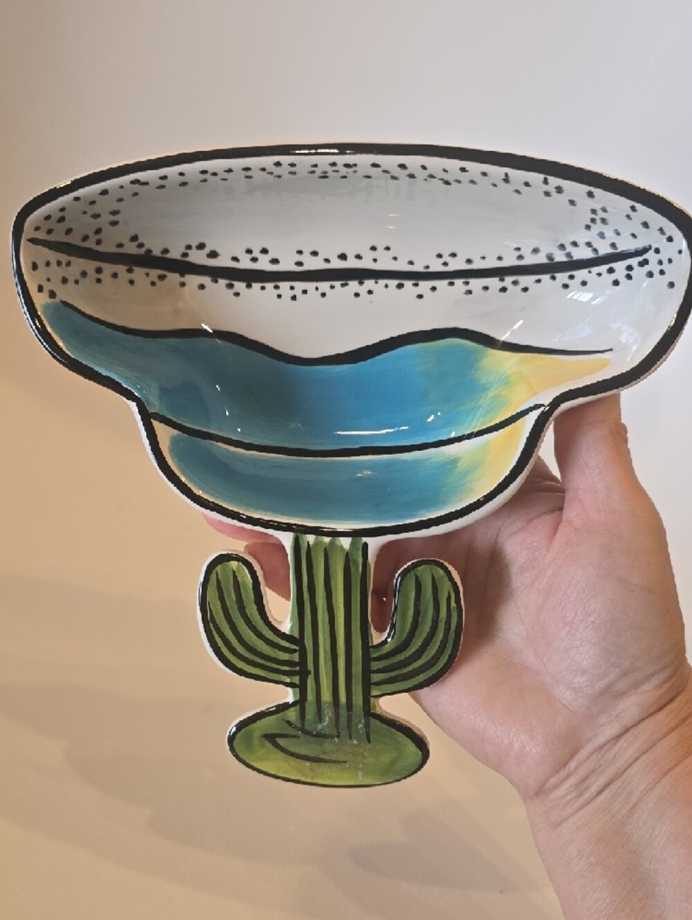 Clay Art Figural Bowl Green and Blue Resemble A Margarita Glass And Cactus